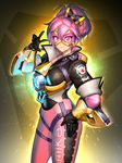  absurdres alternate_color bodysuit breasts cosplay goggles highres idolmaster idolmaster_cinderella_girls jougasaki_mika large_breasts looking_at_viewer noname_(metaldragonfly) overwatch pink_bodysuit pink_hair short_hair smile solo tracer_(overwatch) tracer_(overwatch)_(cosplay) yellow_eyes 