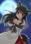  :3 absurdres animal_ears breasts brooch brown_hair cleavage collarbone dress full_moon highres imaizumi_kagerou jewelry large_breasts long_sleeves looking_at_viewer moon natsu_(rin0725) night night_sky off-shoulder_dress off_shoulder red_eyes sky solo tail touhou wide_sleeves wolf_ears wolf_tail 