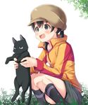  black_hair blush cat chito_(flying_witch) flying_witch green_eyes hat highres holding holding_cat kuramoto_chinatsu long_sleeves mad_(hazukiken) open_mouth smile solo 