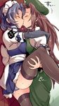  akuma ass beret black_legwear braid breast_press breasts closed_eyes hat highres hong_meiling izayoi_sakuya kiss maid_headdress miniskirt multiple_girls panties red_hair silver_hair skirt sweat symmetrical_docking thigh_grab thighhighs touhou twin_braids underwear yuri 