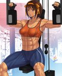  abs biceps brown_eyes brown_hair ero-chong female fingerless_gloves gloves gym gym_uniform hairband muscle solo suzumiya_haruhi suzumiya_haruhi_no_yuuutsu working_out 