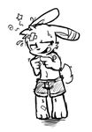 bandage clothing embarrassed lagomorph male mammal oob rabbit shorts simple_background solo 