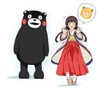  amayadori_machi bear black_hair closed_eyes full_body hairband hakama japanese_clothes jewelry karamoneeze kumamiko kumamon long_hair long_sleeves low_twintails miko necklace open_mouth outstretched_arms pendant red_hakama sandals tabi twintails very_long_hair wide_sleeves 
