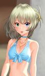  :d absurdres arms_at_sides bangs bare_arms bare_shoulders bikini_top blonde_hair blue_bikini_top blue_eyes blush breasts choker collarbone eyebrows eyebrows_visible_through_hair eyelashes front-tie_top green_eyes heterochromia highres idolmaster idolmaster_cinderella_girls jewelry looking_at_viewer midriff mole mole_under_eye necklace open_mouth pink_lips small_breasts smile solo taka_(takahirokun) takagaki_kaede tsurime upper_body 