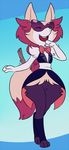  anthro barefoot black_fur black_nose bow_tie braixen canine clothed clothing cosplay crossover ear_tuft eyes_closed eyewear fluffy fluffy_tail fox fur glasses hair inner_ear_fluff laugh mammal naoren nintendo open_mouth paws pok&eacute;mon ponytail pose red_hair sardonyx_(steven_universe) smile solo standing steven_universe stick teeth tuft tuxedo video_games yellow_fur 