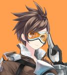  art_is_de4d artist_name bangs black_gloves bomber_jacket brown_hair brown_jacket gloves goggles harness highres jacket leather leather_jacket light_smile lips long_sleeves looking_at_viewer orange_background overwatch salute short_hair simple_background smile solo spiked_hair tracer_(overwatch) union_jack upper_body 