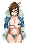  areola_slip areolae beads belly bikini blue_bikini blue_gloves blush blush_stickers breasts brown_hair coat collarbone covered_nipples fur glasses gloves hair_bun hair_ornament hair_stick hands_on_own_chest huge_breasts large_areolae long_sleeves looking_at_viewer mei_(overwatch) micro_bikini overwatch plump pocket shibusun short_hair sidelocks simple_background solo swimsuit white_background 