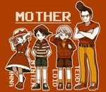  3boys adjusting_clothes adjusting_eyewear adjusting_hat ana_(mother) arms_behind_back backpack bag baseball_cap bow character_name copyright_name crossed_arms glasses hat hood hoodie kneehighs lloyd_(mother) mary_janes momose_shuhei mother_(game) mother_1 multiple_boys neckerchief ninten pompadour red_background shirt shoes short_twintails shorts simple_background sleeves_rolled_up striped striped_shirt sunglasses teddy_(mother) twintails 