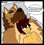  2016 anthro black_nose blue_eyes fur human jacob_(character) male male/male mammal multicolored_fur pablo_(character) pabloalderfox size_difference sweat text 