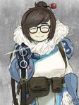  aiming_at_viewer beads belt blue_gloves blush blush_stickers brown_hair canister closed_eyes coat fur glasses gloves gun hair_bun hair_ornament hair_stick holding holding_gun holding_weapon long_sleeves mei_(overwatch) overwatch pocket pointing pointing_at_viewer short_hair sidelocks solo sparkle timupo weapon 