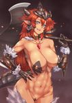  abs animal_ears axe bare_shoulders blue_eyes blush breasts chest_jewel claws cleavage collarbone crotch_plate detached_collar dragon_girl dragon_tail fur fur_trim gauntlets grin groin highres horns ilothe large_breasts long_hair maebari monster_girl muscle muscular_female navel orange_hair original pointy_ears red_hair revealing_clothes smile solo tail talons weapon yui.h 