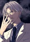  adjusting_eyewear bishoujo_senshi_sailor_moon glasses grey_eyes grey_hair highres looking_at_viewer male_focus mana0311 necktie smile solo tomoe_souichi twitter_username upper_body 