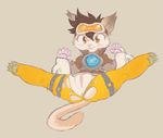  anthro brown_hair butt clitoris clothing eyewear feline female goggles hair lying mammal on_back orange_eyes overwatch pussy simple_background solo spread_legs spreading torn_clothing tracer_(overwatch) unknown_artist 