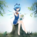  1girl artist_request barefoot blue_dress blue_eyes blue_hair bow bug cirno dragonfly drawing dress frog grass hair_bow holding holding_pencil ice ice_wings insect knees_together_feet_apart looking_at_viewer non-web_source one_eye_closed outstretched_arm pencil short_dress sitting sitting_on_tree_stump solo touhou tree_stump wings 