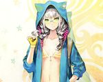  banpai_akira bikini_top cropped glasses gloves gray_hair green_eyes hoodie long_hair original 