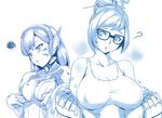  ? annoyed bare_shoulders beads blush blush_stickers bodysuit breast_envy breast_squeeze breasts chestnut_mouth cleavage coat collarbone covered_nipples crop_top d.va_(overwatch) facepaint facial_mark fur glasses gloves hair_bun hair_ornament hair_stick headphones large_breasts lips long_hair long_sleeves mei_(overwatch) monochrome multiple_girls overwatch pout short_hair sidelocks simple_background squiggle tank_top undressing whisker_markings white_background yui.h 