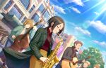  3boys 4girls artist_request bangs black_hair blue_sky building cloud coat day faceless guitar holding holding_instrument idolmaster idolmaster_cinderella_girls idolmaster_cinderella_girls_starlight_stage instrument jewelry multiple_boys multiple_girls music official_art one_eye_closed outdoors parted_bangs pendant plaid playing_instrument saxophone short_hair skirt sky smile solo_focus standing sunlight tougou_ai tree turtleneck 