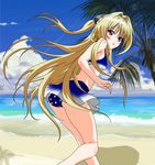  beach bikini blonde_hair blue_bikini hair_ornament highres konjiki_no_yami long_hair looking_at_viewer ocean outdoors palm_tree pink_eyes solo swimsuit to_love-ru tree 