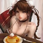  alternate_hairstyle braid breasts brown_eyes brown_hair bun_cover choker chun-li cleavage commentary_request double_bun earrings food fork fox_shaman highres jewelry large_breasts lingerie lips long_hair nose pudding side_braids solo street_fighter twin_braids underwear 