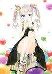  absurdres ankle_ribbon bare_shoulders black_dress blue_eyes blush breasts candy candy_wrapper collarbone dress food food_themed_hair_ornament hair_ornament highres holding legs lollipop long_hair looking_at_viewer original peko ribbon sandals scan silver_hair sitting small_breasts solo striped toes twintails vertical-striped_dress vertical_stripes 