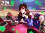 ass bent_over big_noodle bodysuit brown_hair character_name commentary d.va_(overwatch) facial_mark finger_to_mouth gun handgun headphones highres liang_xing looking_at_viewer mecha meka_(overwatch) overwatch solo weapon whisker_markings 