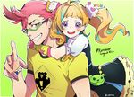  1girl :d arms_around_neck bear blush bow bracelet brown_eyes character_name copyright_name cowlick glasses gradient gradient_background green-framed_eyewear green_background green_hair grin hair_bow highres invalee jewelry kiznaiver looking_at_viewer multicolored_hair niiyama_nico open_mouth orange_hair pink_hair purple_eyes semi-rimless_eyewear shirt smile streaked_hair t-shirt tenga_hajime twintails twitter_username two-tone_hair 