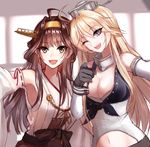  :d ;d armpits bad_id bad_pixiv_id black_gloves blonde_hair blue_eyes breasts brown_eyes brown_hair cleavage detached_sleeves gloves headgear iowa_(kantai_collection) kantai_collection kongou_(kantai_collection) large_breasts long_hair looking_at_viewer mallizmora multiple_girls navel nontraditional_miko one_eye_closed open_mouth reaching_out self_shot smile star star-shaped_pupils symbol-shaped_pupils teeth 