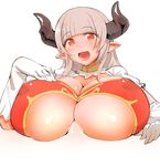  alicia_(granblue_fantasy) are_(arearee) breasts cleavage covered_nipples draph granblue_fantasy highres horns huge_breasts long_hair paizuri penis pointy_ears pov red_eyes smile solo sweat tongue underboob 