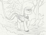  black_and_white equine fan_character feathers friendship_is_magic hi_res hooves horn leafs looking_to_side mammal monochrome my_little_pony outside running scarf sketch smile solo tree winged_unicorn wings yakovlev-vad 