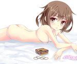  ass bikini blush breasts brown_eyes brown_hair condom condom_packet_strip condom_wrapper crossed_arms hair_ornament ikazuchi_(kantai_collection) kantai_collection looking_at_viewer lying micro_bikini noveske_n4 on_stomach open_mouth rubber_band short_hair small_breasts solo swimsuit white_bikini 