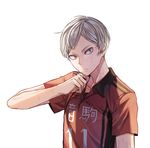  arm_up clothes_writing collarbone collared_shirt green_eyes haiba_lev haikyuu!! head_tilt highres jersey kim_eb looking_at_viewer male_focus number orange_shirt shirt short_sleeves silver_hair simple_background solo sportswear sweat upper_body wet white_background wide-eyed wing_collar 