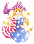  alternate_eye_color american_flag_dress bad_id bad_pixiv_id bangs blonde_hair blush clownpiece dress fire hand_on_hip hand_up hat highres jester_cap long_hair looking_at_viewer open_mouth orange_eyes polka_dot purple_fire round_teeth shiny shiny_hair short_sleeves simple_background smile solo star tama_(hiroshige_36) teeth torch touhou upper_body very_long_hair white_background 