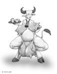  bell breasts cowbell cup demon-man dish eyes_closed hooves horn invalid_tag monochrome open_mouth overweight smile teats tray udders 