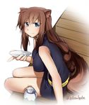  alcohol animal_ears blue_eyes braid breasts brioche_d'arquien brown_hair cup dog_days dog_ears dog_tail kyouka_kyouka large_breasts long_hair sakazuki sitting smile solo tail twitter_username 