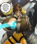  between_breasts breast_expansion breasts brown_hair cleavage gigantic_breasts goggles gun handgun jacket leather leather_jacket mangrowing overwatch torn_clothes tracer_(overwatch) weapon 