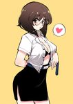  alphy belt belt_buckle black_bra black_skirt blush bra breasts brown_eyes brown_hair buckle collared_shirt commentary glasses heart highres large_breasts looking_at_viewer meow_(alphy) open_clothes open_shirt original pencil_skirt shirt side_slit skirt solo spoken_heart underwear uniform white_shirt yellow_background 