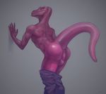  anthro anus balls butt claws clothing klongi lizard looking_at_viewer male nude pants pink_scales pink_skin reptile scales scalie simple_background solo 