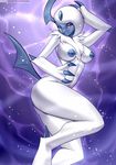  2016 absol alanscampos anthro blue_claws blue_horn blue_nipples breasts butt claws female fur hair half-closed_eyes horn looking_at_viewer navel nintendo nipples nude pok&eacute;mon pok&eacute;morph pose raised_tail red_eyes solo video_games white_fur 