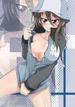  :3 bangs blush bottomless breasts brown_eyes brown_hair cleavage collarbone covering covering_crotch emblem girls_und_panzer hair_between_eyes hat highres hood hoodie jacket jacket_tug keizoku_military_uniform large_breasts long_hair long_sleeves looking_at_viewer mika_(girls_und_panzer) military military_uniform naked_track_jacket open_clothes open_jacket ryuu_tou solo track_jacket uniform wavy_mouth zoom_layer 