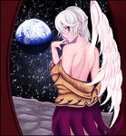  angel_wings back braid brown_jacket cowboy_shot dress dress_pull earth finger_to_mouth fingernails french_braid from_behind highres indoors jacket kishin_sagume lips looking_at_viewer looking_back moon no_bra purple_dress red_eyes shanghaidoll short_hair silver_hair single_wing solo space thighs topless touhou undressing wings 
