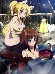  :o alcohol animal_ears blonde_hair blue_eyes blush breasts brioche_d'arquien brown_hair cleavage convenient_censoring covering dog_days dog_ears dog_tail fox_ears fox_tail green_eyes hair_ribbon highres large_breasts long_hair multiple_girls navel nude nude_cover official_art onsen open_mouth ponytail ribbon sitting smile snow tail towel very_long_hair yukikaze_panettone 