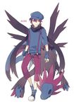  arms_at_sides bangs belt black_scarf blue_footwear blue_gloves blue_hat boots cross-laced_footwear fingerless_gloves full_body gen_5_pokemon gloves grin hat highres hydreigon lace-up_boots looking_to_the_side male_focus o-ishi pants personification pokemon pokemon_(creature) purple_hair purple_pants red_eyes scarf simple_background sleeves_past_elbows smile standing standing_on_one_leg suspenders white_background 