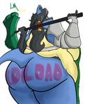  &lt;3 2015 anthro armor axe belly big_belly big_breasts big_butt black_hair blue_fur breasts butt clothed clothing ear_piercing eyebrows fur gauntlets gloves hair half-closed_eyes huge_breasts huge_butt ladiesman217 long_hair looking_at_viewer looking_back love_handles lucario melee_weapon morbidly_obese nintendo obese overweight overweight_female partially_clothed piercing pok&eacute;mon pok&eacute;morph rear_view red_eyes simple_background smile solo standing text thick_thighs video_games weapon 