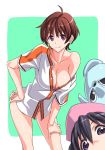  2girls ahoge blue_eyes blue_hair blush breasts brown_hair cleavage commentary commentary_request copyright_request highres looking_at_viewer multiple_girls no_panties purple_eyes short_hair smile standing suzutsuki_kurara 