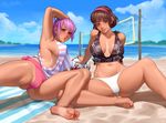  2girls ayane_(doa) barefoot beach blue_eyes breasts brown_hair dead_or_alive dead_or_alive_xtreme_3_fortune dead_or_alive_xtreme_beach_volleyball feet hitomi_(doa) kyle_(kairunoburogu) large_breasts multiple_girls navel pink_hair purple_hair red_eyes sideboob soles tan thighs toenails toes 