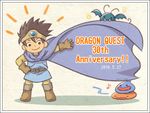  anniversary artist_name bad_id bad_pixiv_id brown_hair cape dated dragon_quest dragon_quest_iii drakee eighth_note english hand_on_hip male_focus musical_note noki_(hanken) roto sketch slime_(dragon_quest) 