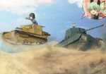  anchovy angry anzio_military_uniform black_hair bow braid brown_eyes carro_armato_p40 carro_veloce_cv-33 caterpillar_tracks cloud day desert drill_hair dust_cloud girls_und_panzer goggles goggles_on_head green_hair ground_vehicle hair_bow helmet jinguu_(4839ms) long_hair military military_uniform military_vehicle motor_vehicle multiple_girls multiple_views open_mouth pepperoni_(girls_und_panzer) pointing red_eyes sand side_braid sky speech_bubble tank twin_drills uniform 