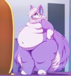  2015 ambiguous_gender anthro belly big_belly big_butt blue_eyes blue_nose butt canine fluffy fluffy_tail fox front_view fur girly gloves_(marking) hair hand_on_hip hand_on_stomach huge_butt inside long_tail looking_away love_handles mammal markings morbidly_obese muse_(cyrusnox) navel neck_tuft nude obese overweight overweight_ambiguous purple_fur smile solo standing thick_tail thick_thighs trinity-fate62 tuft white_fur 