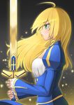  ahoge artoria_pendragon_(all) blonde_hair blue_dress dress excalibur fate/stay_night fate_(series) from_side green_eyes hair_down highres k_jin long_hair saber solo 