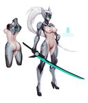  1girl ass breasts cyborg female fiora_laurent functionally_nude hand_on_hip headgear highres large_breasts midriff navel nipples paul_kwon ponytail pussy solo standing sword uncensored weapon white_hair 